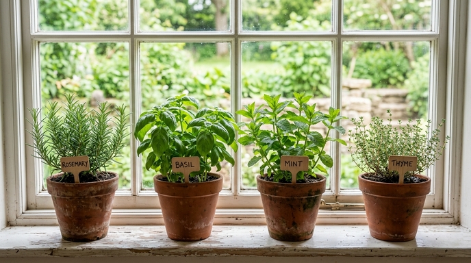 Ervas aromáticas em vasos no peitoril da janela — horta em apartamento para iniciantes
