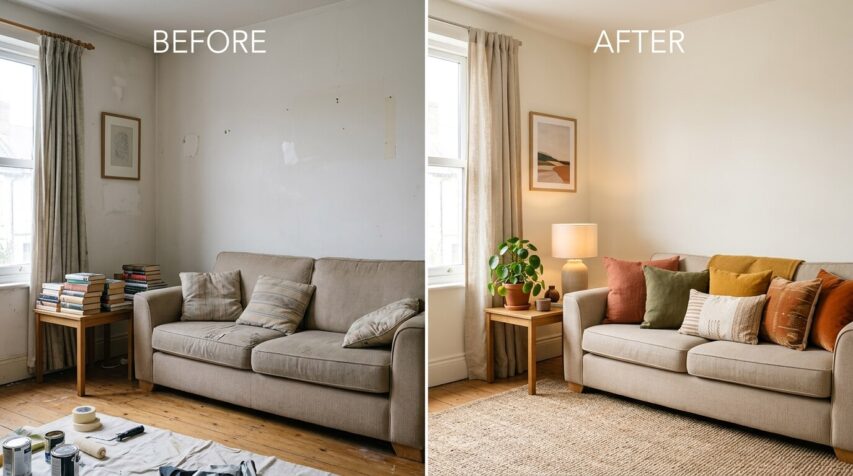 Sala de estar com parede off-white e decoração moderna em tons neutros e terrosos - design de interiores moderno gastando pouco