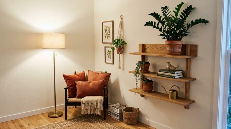 Canto de sala decorado com planta, prateleira de madeira e iluminação indireta — design moderno com baixo custo
