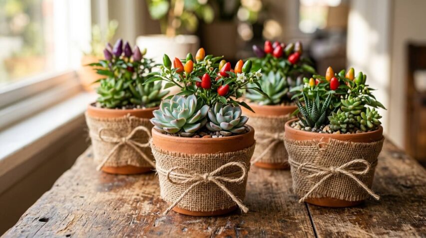 Vasos de barro com suculentas e pimenteira ornamental decorados com juta — decoração junina